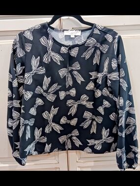 LOFT Black Bow-Print Long Sleeve Blouse